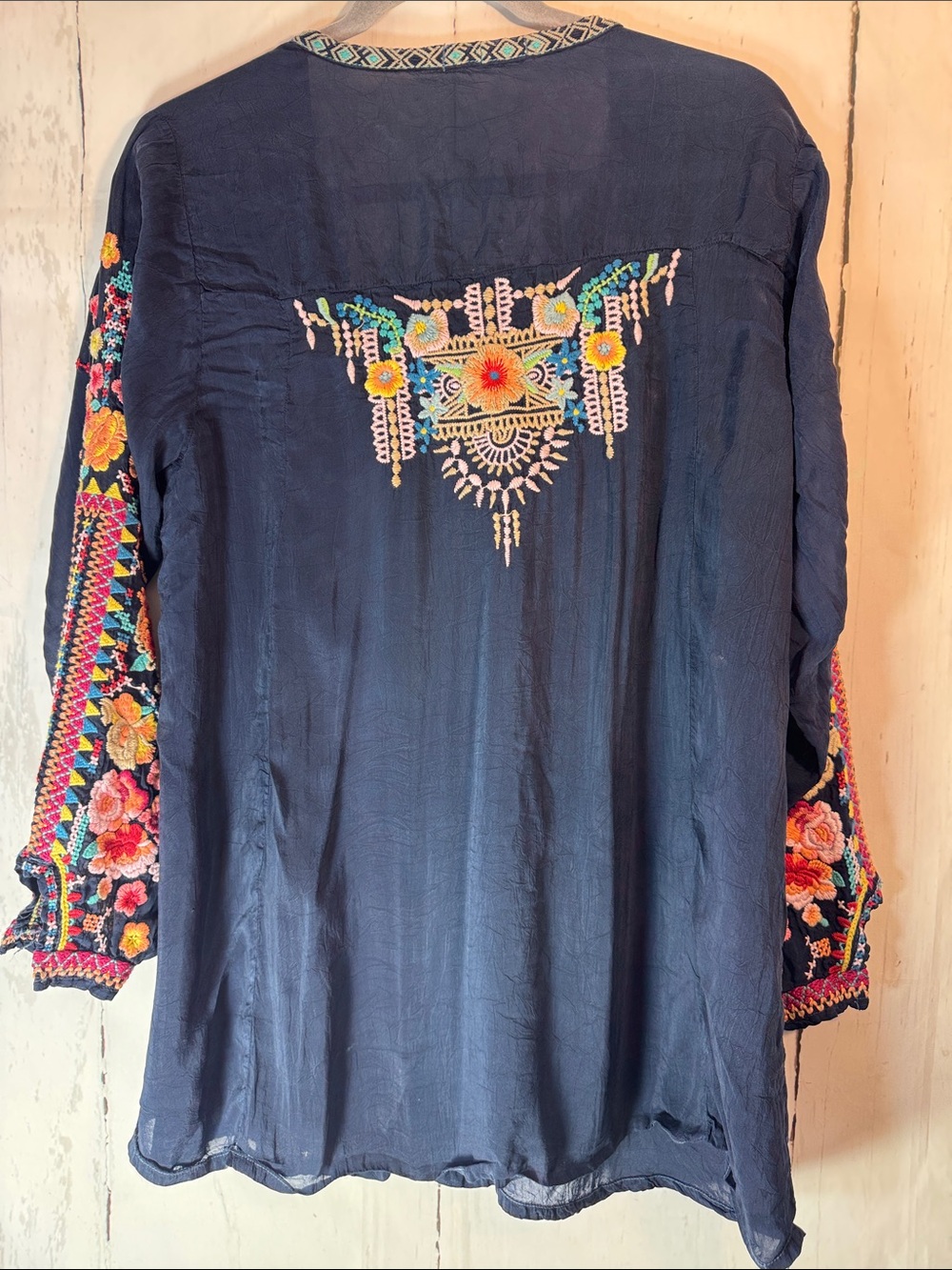 Johnny Was Navy Embroidered Peacock Button-Front Blouse - Picture 5 of 10